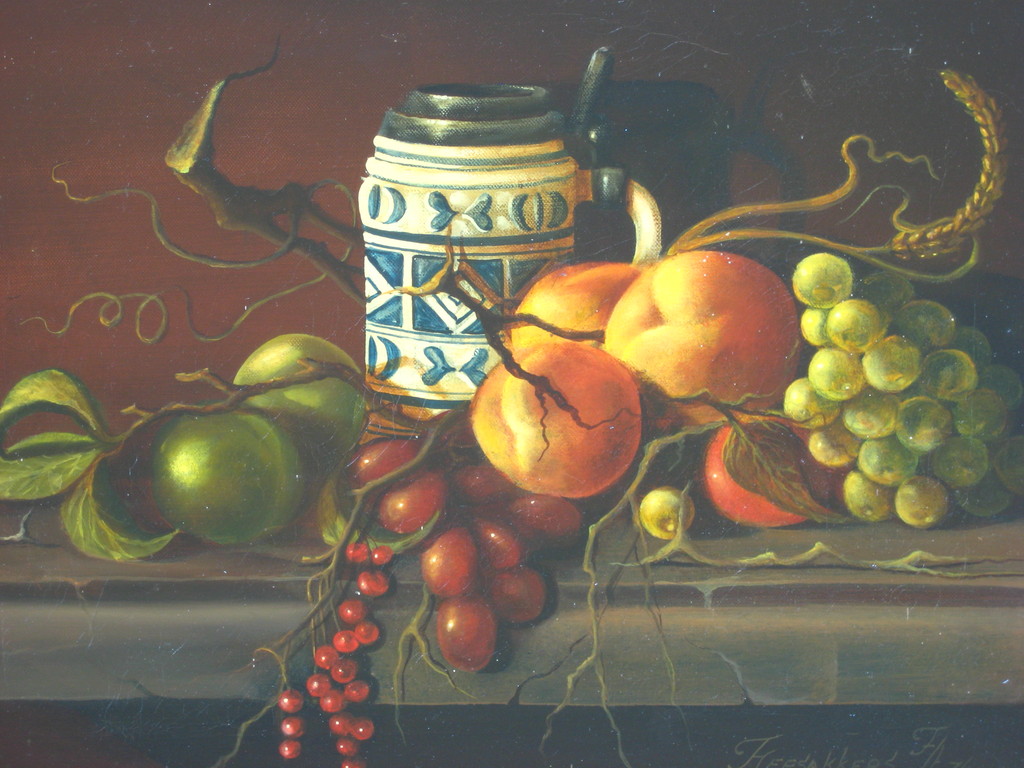Thomas Heesakkers (1946-). Olieverf op doek. Stilleven met fruit en bierpul. verkocht voor € 275!