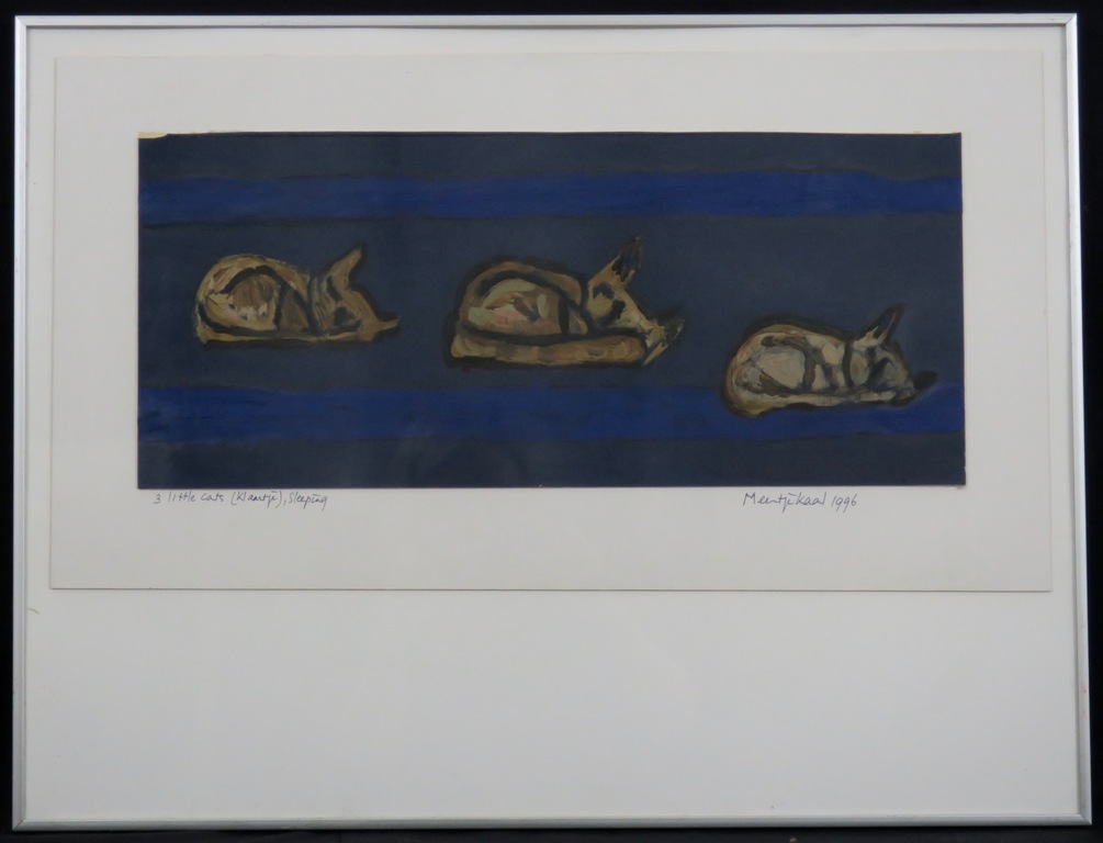 Meertje Kaal: Acryl op papier, 3 Little cats (Klaartje), sleeping - Ingelijst verkocht voor € 76!