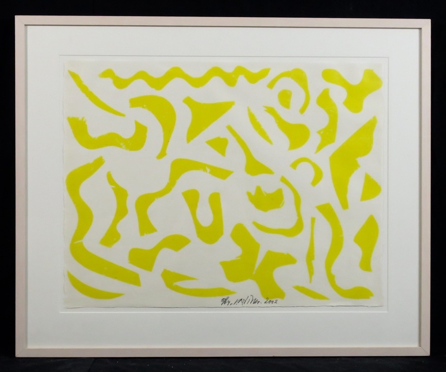 Carel Visser: Houtsnede op rijstpapier, Z.T. (geel) verkocht voor € 120!