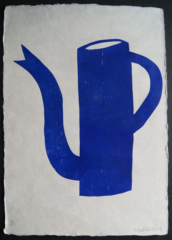 Klaas Gubbels houtdruk uit 2005 'Blauwe kan'. verkocht voor € 395!