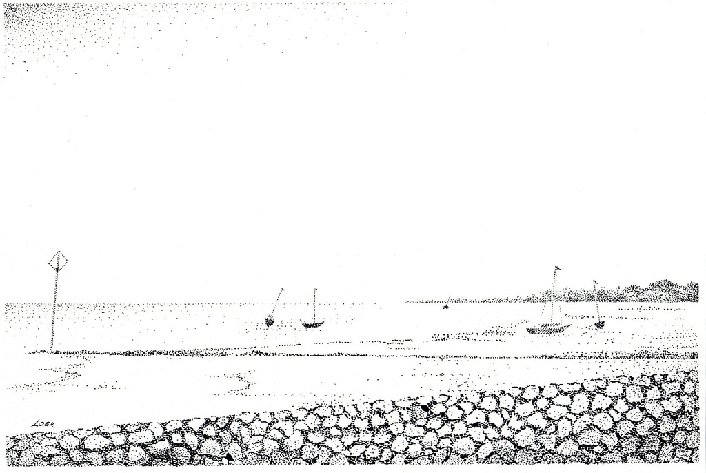 Loek Bosman, Pentekening, "Bootjes op het wad" Vlieland.  kopen? Bied vanaf 50!
