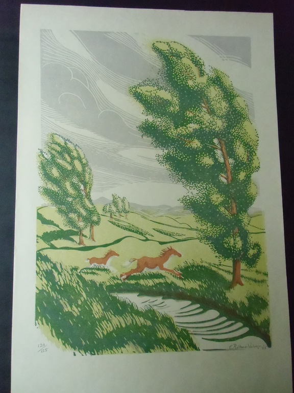 PAARDEN IN EEN STORMACHTIG LANDSCHAP  /// KLEURENLINOSNEDE VAN ENGELIEN REITSMA kopen? Bied vanaf 60!