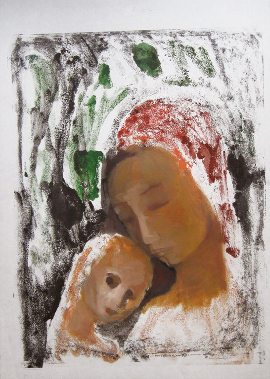 IRENE JOFFROY, olieverf op papier, moeder en kind kopen? Bied vanaf 40!