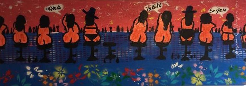 Greger Espen Hagen schilderij, Bar ladies, 200 x 70 cm TOPWERK verkocht voor € 380!