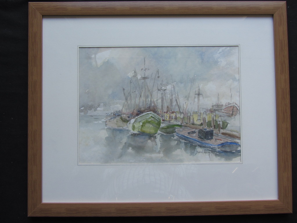 Jan Bom  - Aquarel - Havengezicht -  kopen? Bied vanaf 50!