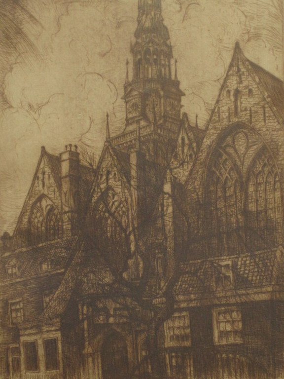 Mooie gesigneerde antieke Ets "Oude Kerk Amsterdam" van Francois J. Kloek  kopen? Bied vanaf 1!
