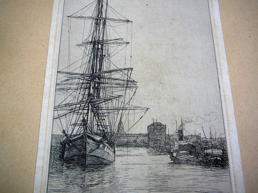  Derkzen van Angeren 1878-1961 Ets van haven met zeilboot  kopen? Bied vanaf 40!