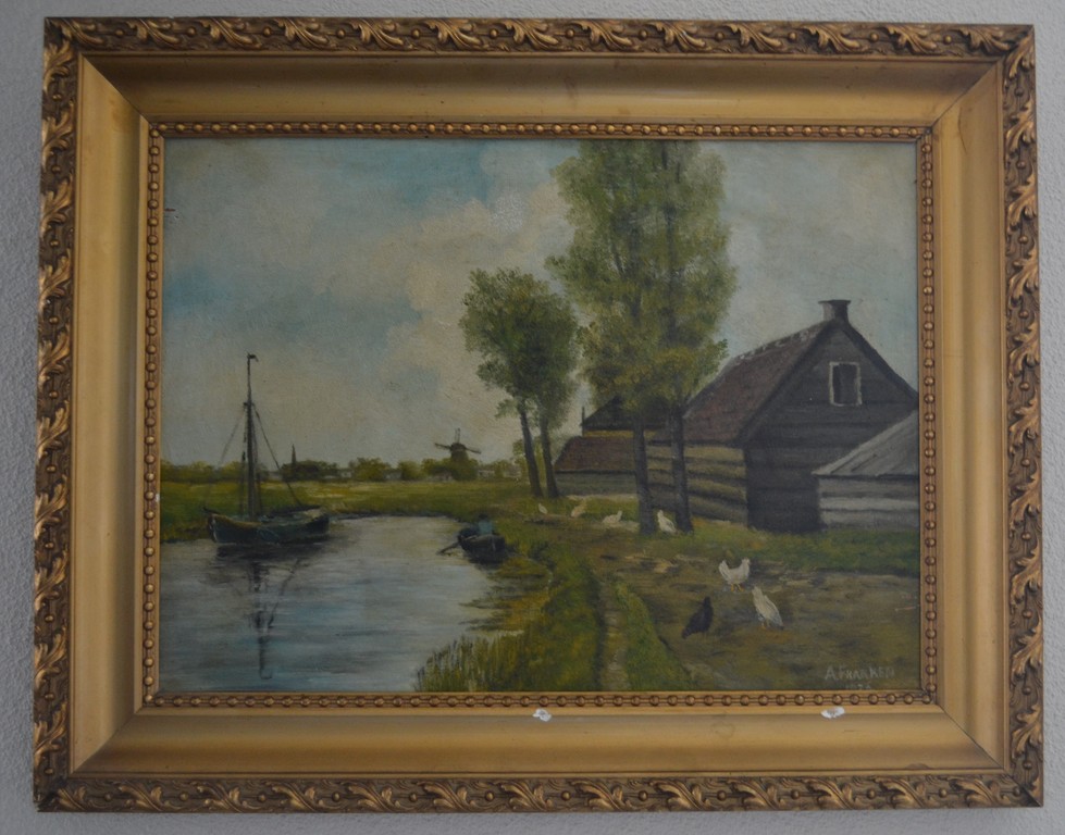 Onbekende kunstenaar (19de eeuw): olieverf op paneel, boerderij aan het water kopen? Bied vanaf 20!