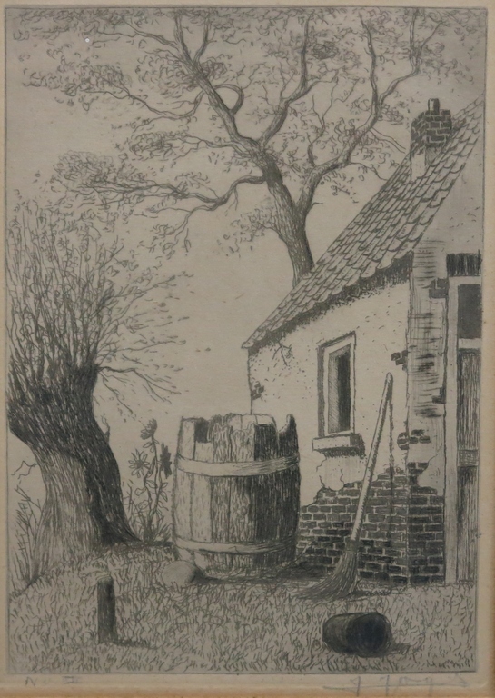 Onbekend gesigneerd: Ets, huisje met regenton -Ingelijst kopen? Bied vanaf 1!