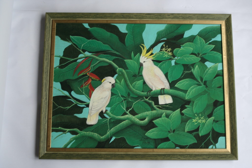 Onbekend kunstenaar - acrylverf op doek - kaketoes in de jungle - gesigneerd kopen? Bied vanaf 1!