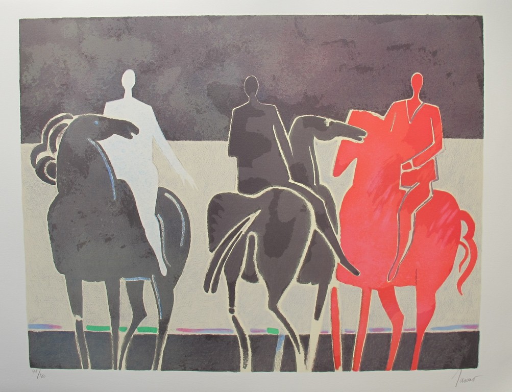 Albert Zavaro -`Les trois cavalier `- kleurenlitho,gesigneerd,oplage 180 kopen? Bied vanaf 49!