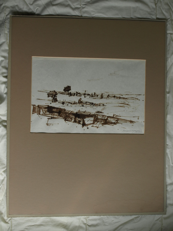 Theodoor Heynes : Sepia pentekening - Strandleven – Gesigneerd - ca 1970 kopen? Bied vanaf 50!