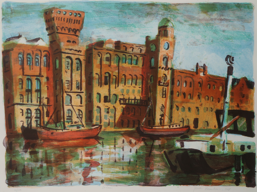 Jeroen Hermkens: Litho, Rijstpellerij Hollandia, Wormer - Ingelijst kopen? Bied vanaf 40!