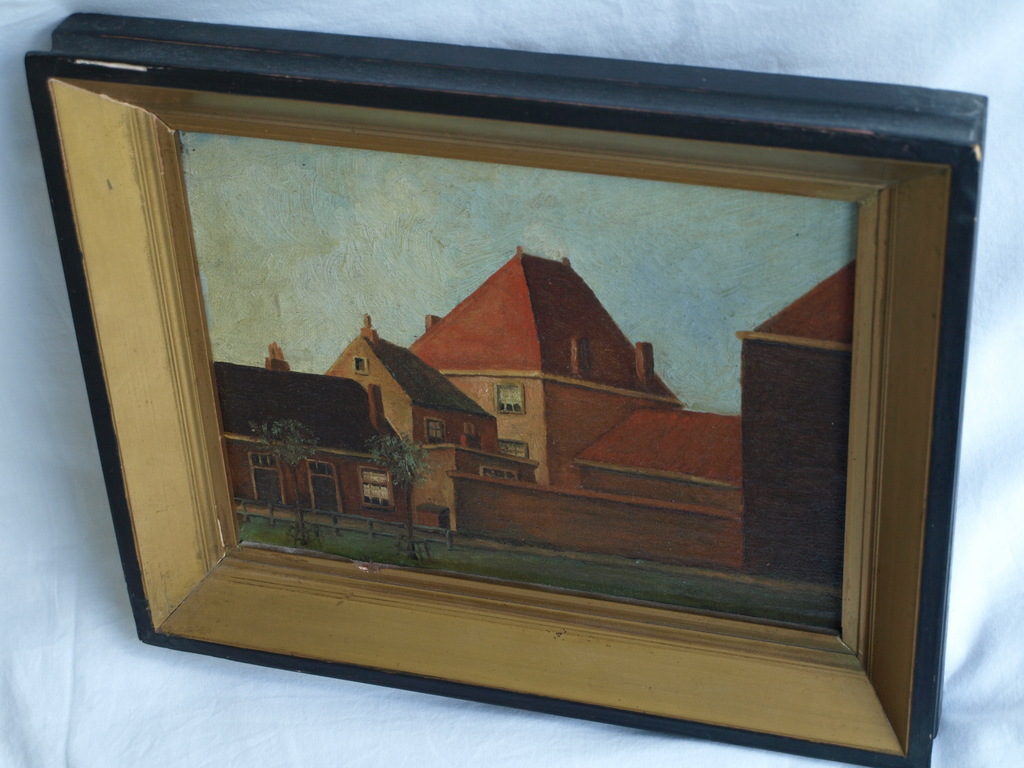 Onbekend – Olieverf op paneel , Huizen - ingelijst – Oud kopen? Bied vanaf 1!