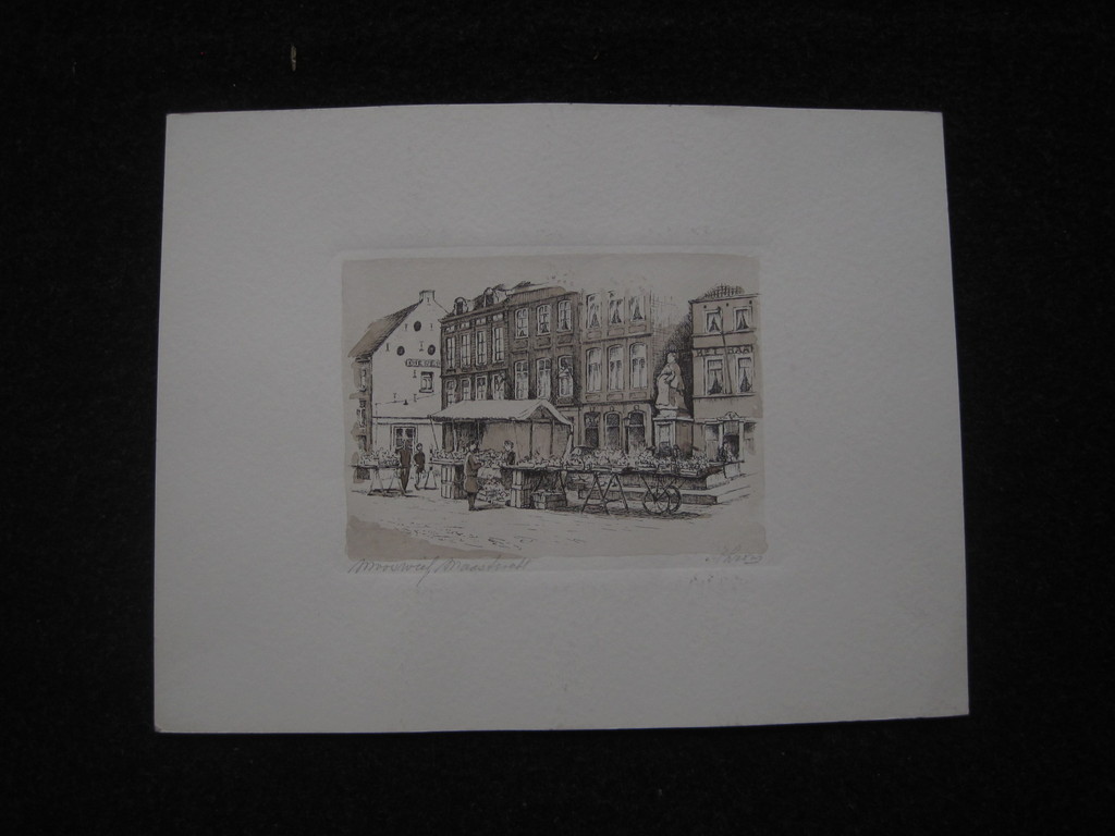 Leuke omstreeks 1980 vervaardigde  ETS "Maastricht Mooswief Markt" gesigneerd kopen? Bied vanaf 1!
