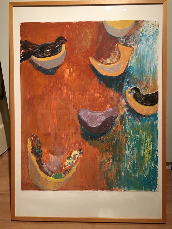 Ellie Slegten, "Vogels" zeefdruk3/40 handgesigneerd in mooie natuurhouten lijst verkocht voor € 80!