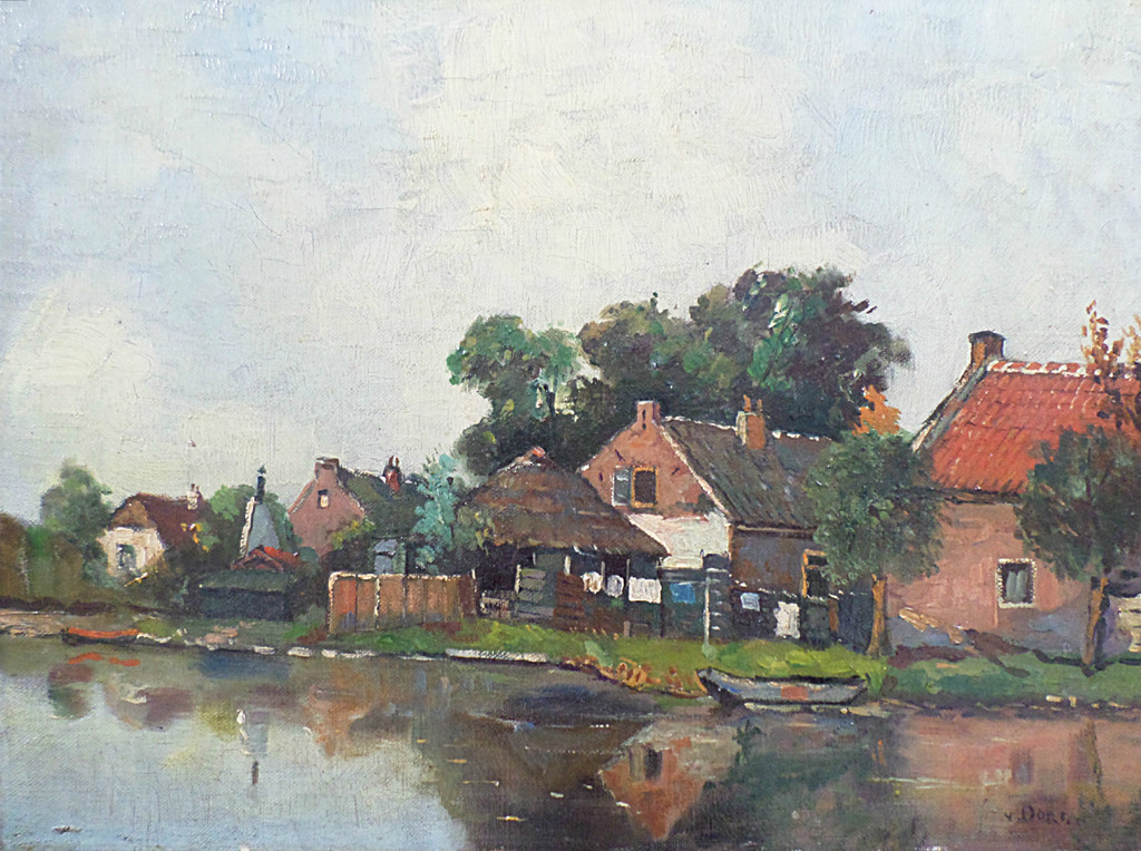 Van Oort - Nederzetting langs rivier, olieverf op doek kopen? Bied vanaf 75!