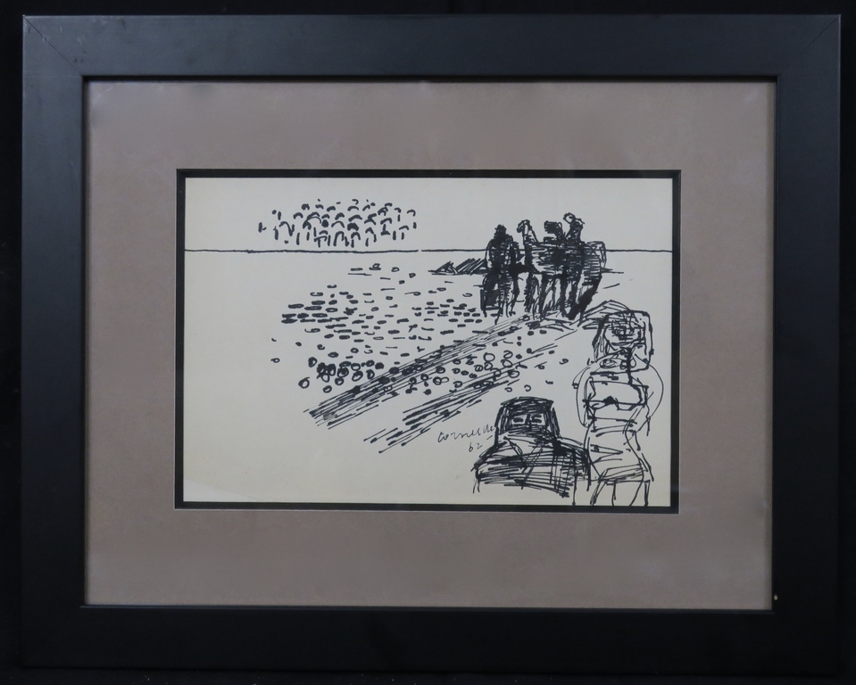 Corneille: Pentekening, Z.T. Landschap met figuren uit 1962! - Ingelijst kopen? Bied vanaf 600!