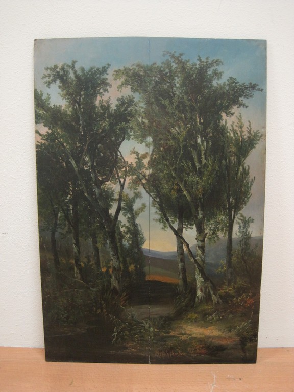 H.J.H.Rijkelijkhuysen 1813-1883 tweeluik "boslandschap namiddag atmosfeer" oliev verkocht voor € 111!