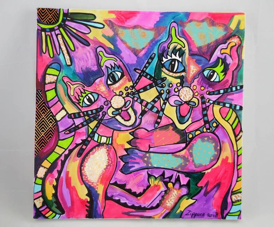 Zippora Meijer - Dancing Cat's - Acryl en stof op canvas 3D kopen? Bied vanaf 1!