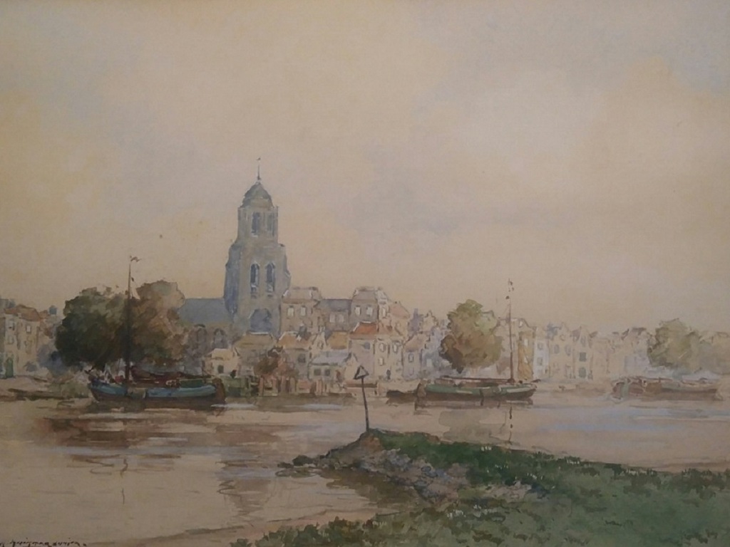 Jan Simon Knikker (jr.) - Jan Knikker jr. Aquarel, dorpje aan de IJssel(?) kopen? Bied vanaf 30!