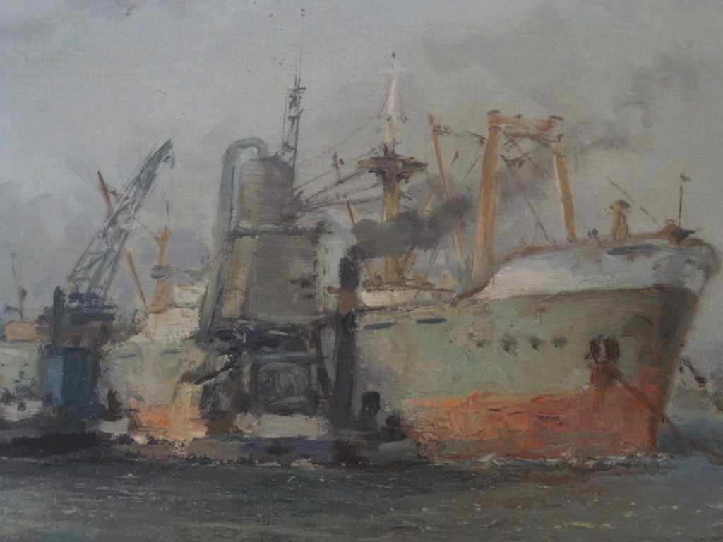 groot oud olieverf "Bedrijvigheid in haven Rotterdam" vaag gesigneerd ca. 1930 kopen? Bied vanaf 1!