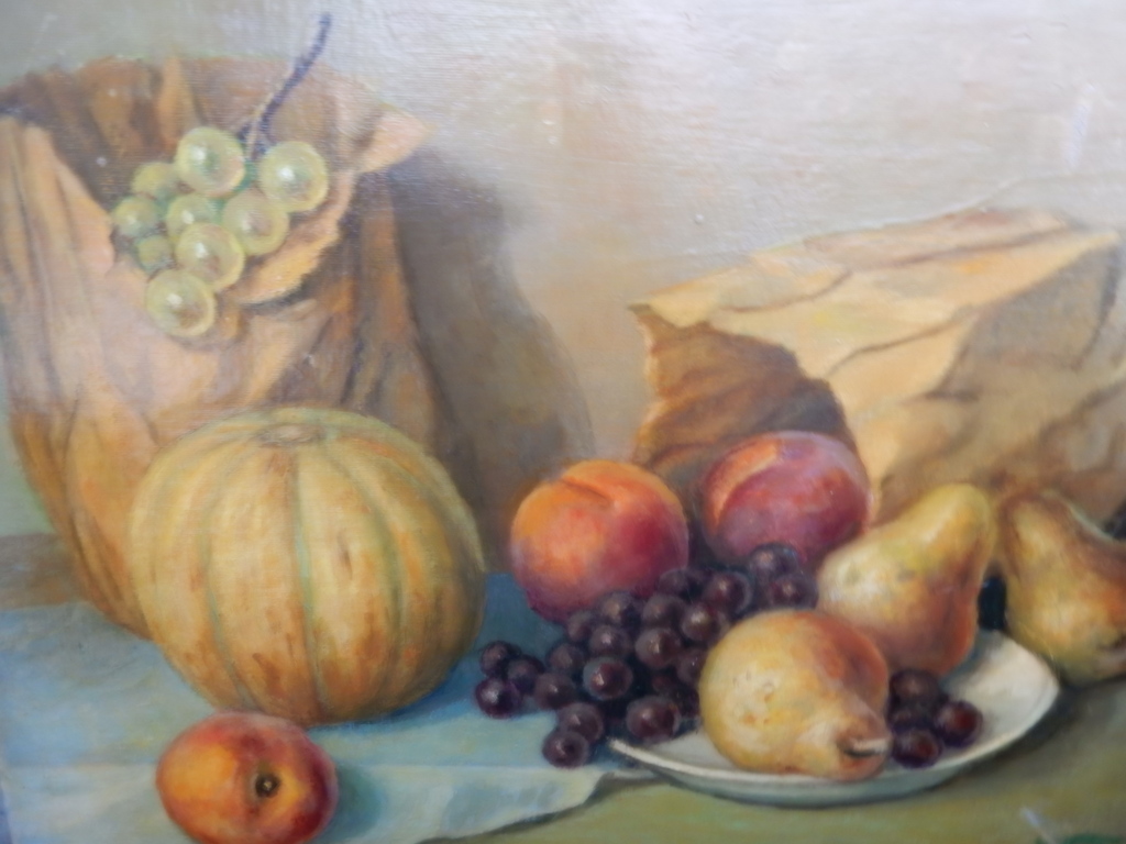 onbekende schilder,olieverf op plaat,stilleven met fruit en zakjes verkocht voor € 125!