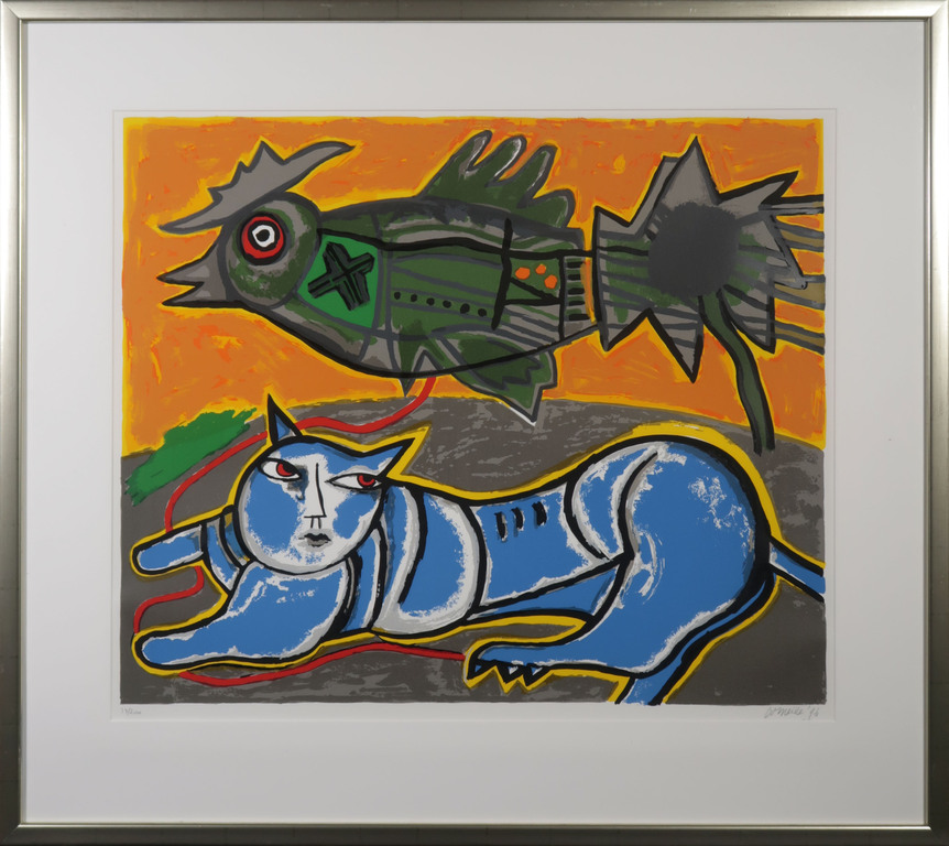 Corneille: Zeefdruk, Le grand chat bleu et l'oiseau - Ingelijst (Groot) kopen? Bied vanaf 200!