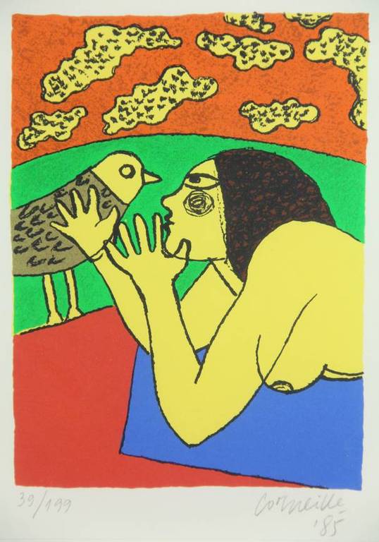 Corneille (1922-2010): Kleurenlitho, naakte vrouw en vogel kopen? Bied vanaf 275!