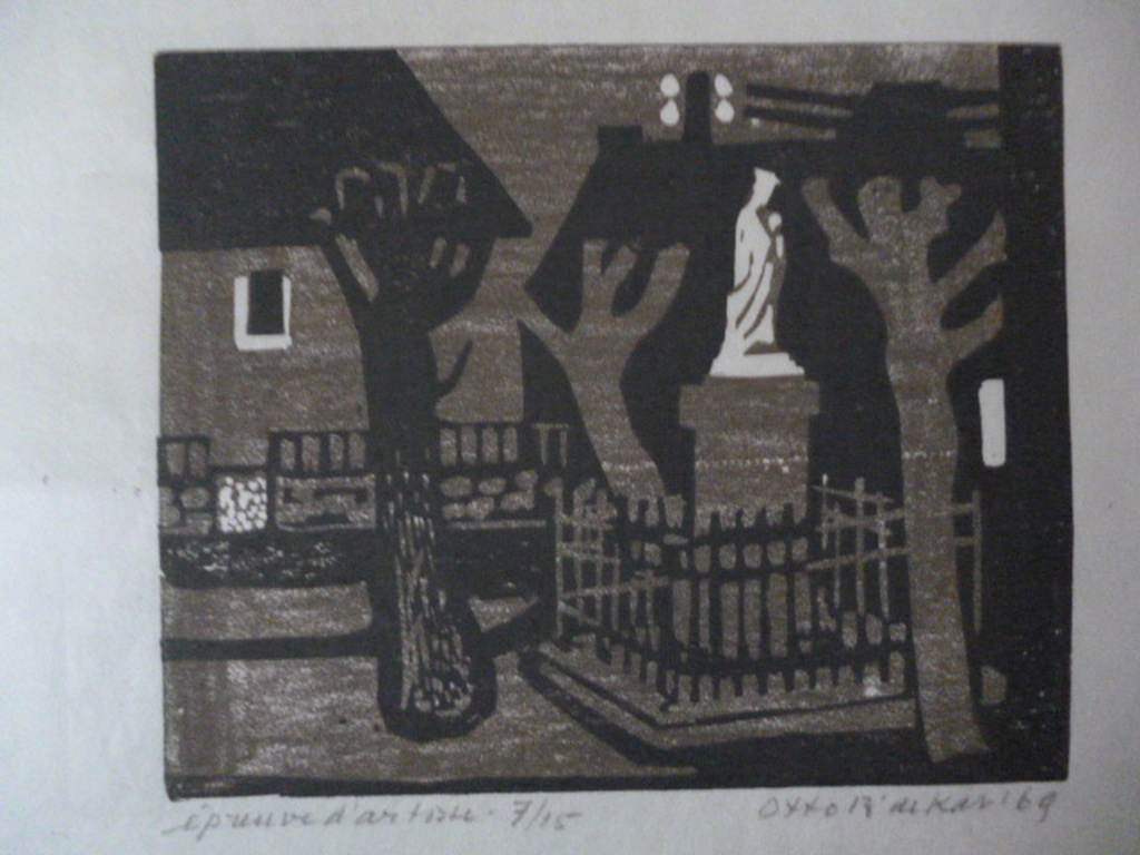 Otto B. de Kat - kleurenlinosnede - Dorpsplein St. Hippolyte kopen? Bied vanaf 70!