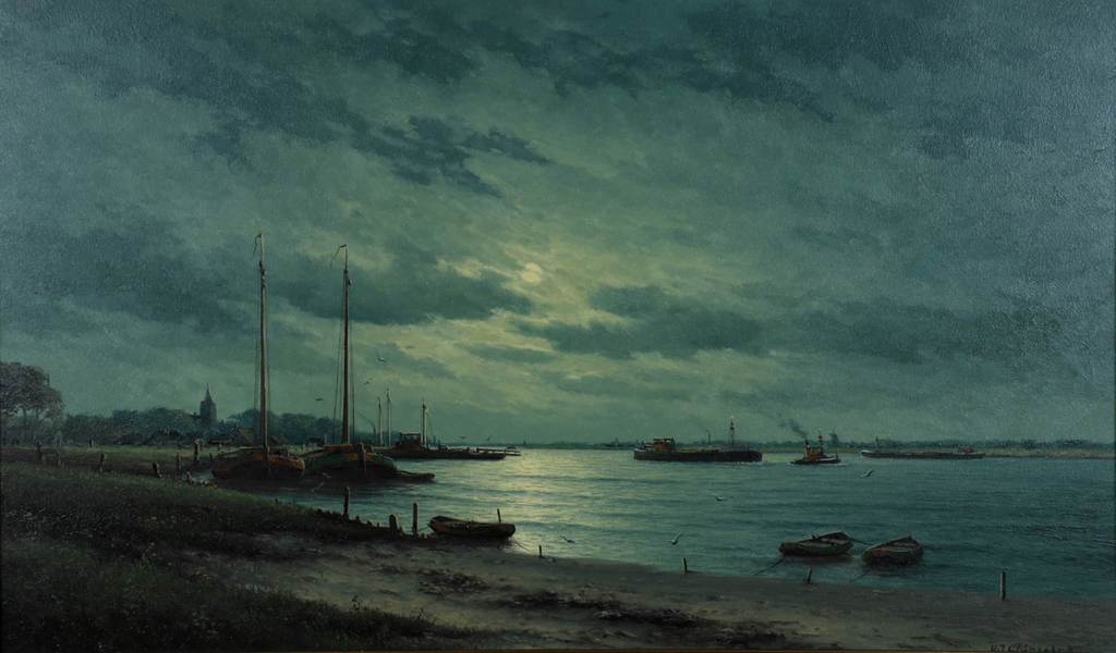 Hermanus Jozef Wijngaard, Riviergezicht met diverse schepen verkocht voor € 250!