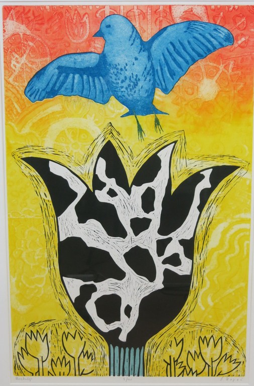 Eliza Kopec: Ets/Aquatint en Houtdruk, Koetulp - Ingelijst (groot!) verkocht voor € 140!