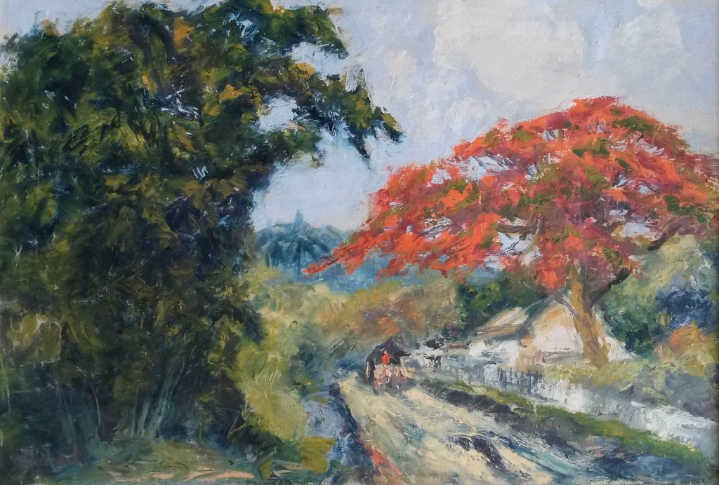 Sujatno Koempoel (1912-1987) - Ossenkar op landweggetje bij het  Arjuna gebergte verkocht voor € 80!