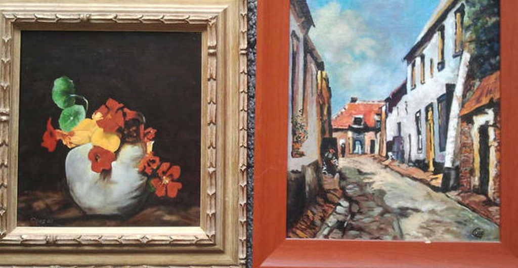 Guus- Stilleven met bloemen - olieverf op paneel/Dorpszicht - olieverf op doek verkocht voor € 40!