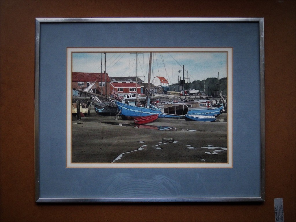 Magnifieke Aquarel "afgemeerde vissersboten" gesigneerd Michel desRochers (1938- kopen? Bied vanaf 1!