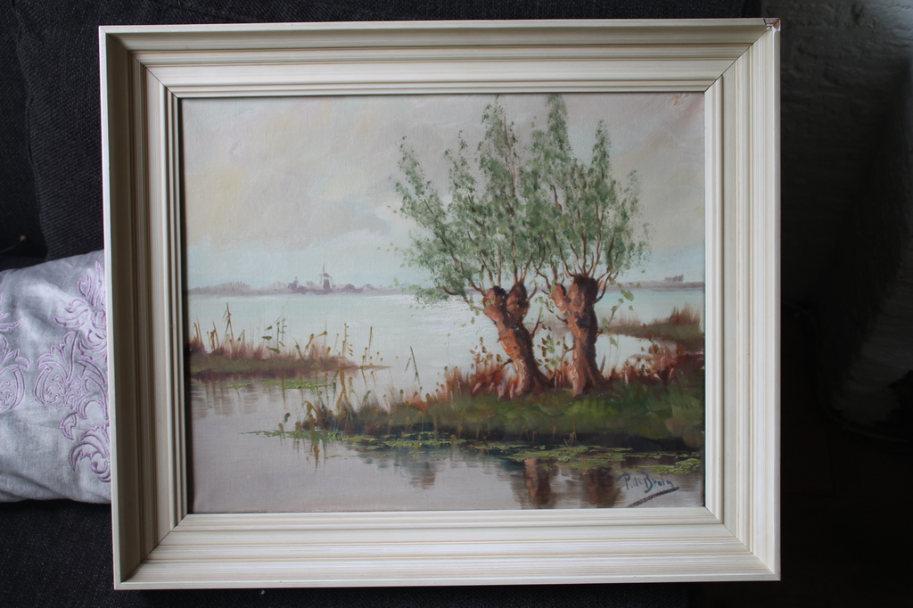  P. de Bruin Waterlandschap met bomen en molen   kopen? Bied vanaf 25!