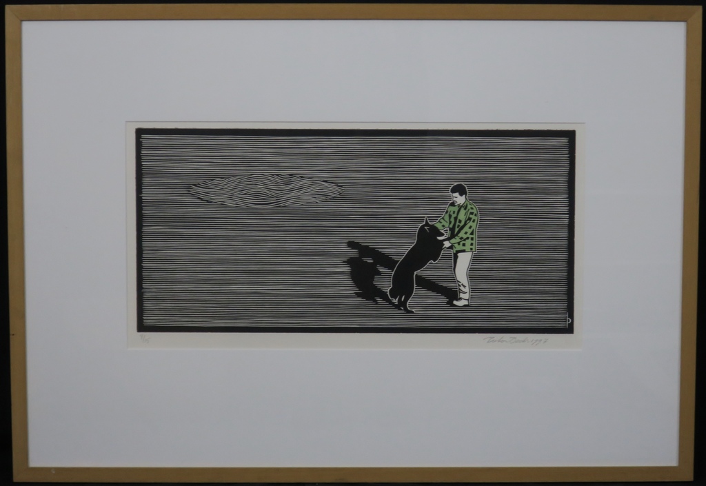 Pieter Becks: Houtsnede, Mijn hond en ik -Ingelijst kopen? Bied vanaf 35!