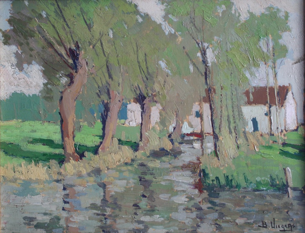 Ben Viegers - olieverf op paneel - bomen en huis langs de waterkant - gesigneerd kopen? Bied vanaf 550!