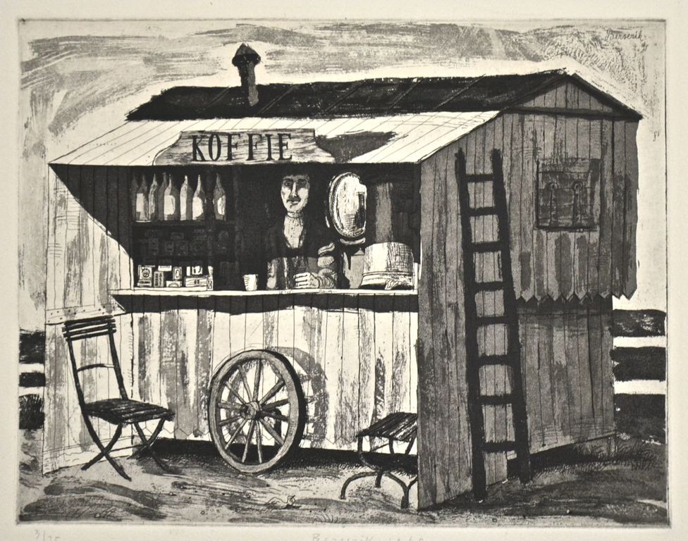 Herman Berserik: Ets/aquatint. Koffiehuisje verkocht voor € 160!