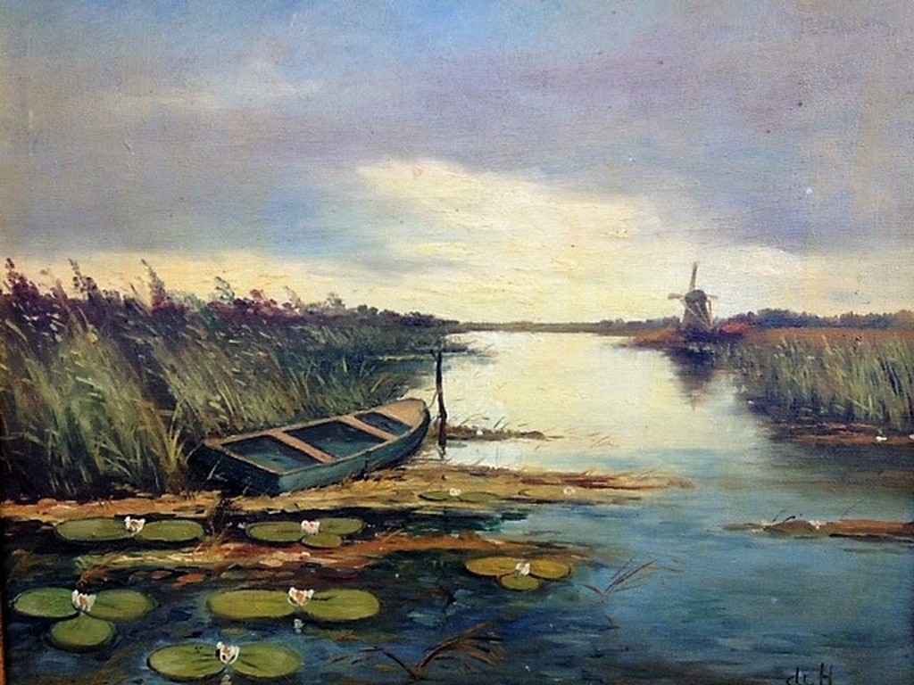 Onbekende kunstenaar (monogram De H.), olieverf op doek, Waterlandschap kopen? Bied vanaf 50!