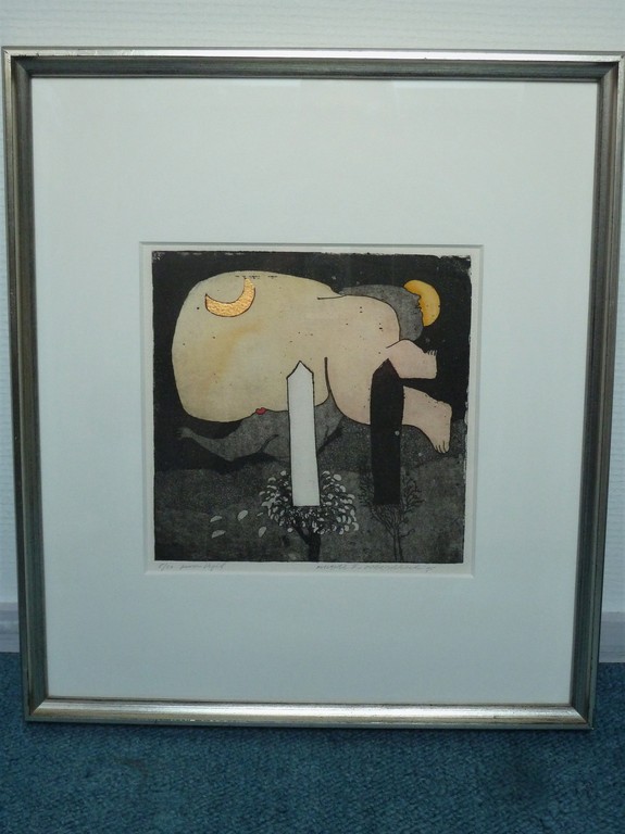 Michel van Overbeeke; ingekleurde ets; titel : 'moonlight' verkocht voor € 45!