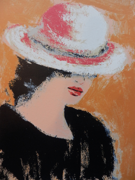 JOSE van GOOL   Zeefdruk   DAME MET WITTE HOED  Handgesigneerd verkocht voor € 45!