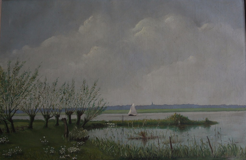 Verlaagd! Onb. kunst - Olieverf op doek - 1e helft 20e eeuw - zeilbootje op meer verkocht voor € 55!