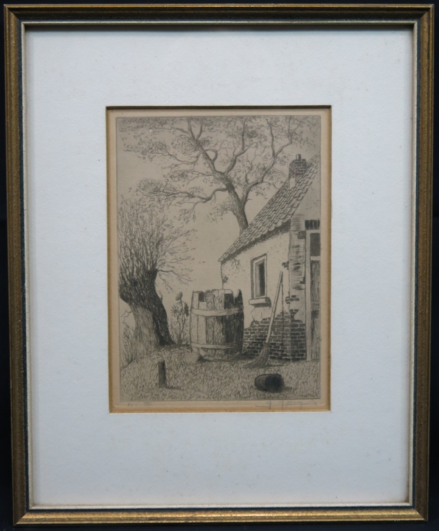 Onbekend gesigneerd: Ets, huisje met regenton -Ingelijst kopen? Bied vanaf 1!