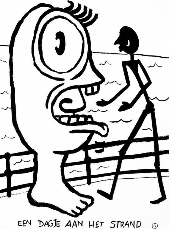 KAMAGURKA schilderij , een dagje aan het strand, achterzijde ook beschilderd verkocht voor € 330!