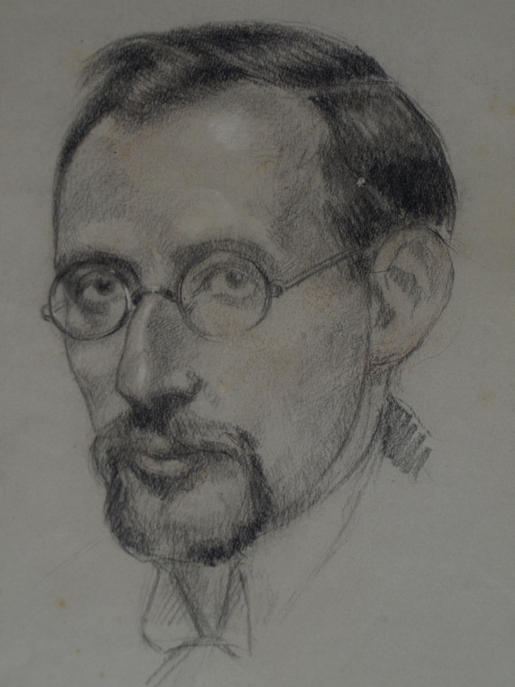 Onbekend : Tekening , Portret man met bril en 2 leeuwen – ca 1920  kopen? Bied vanaf 1!