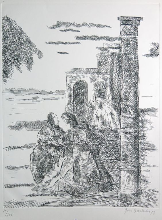 Jan Sierhuis: Grote ets, Zonder titel (man en vrouw in klassieke omgeving) kopen? Bied vanaf 1!