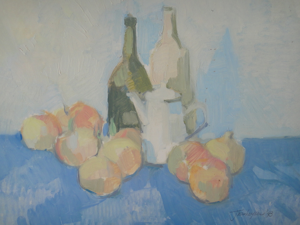 Jan Verheijen, olieverf op board, stilleven met fruit, flessen en theepot kopen? Bied vanaf 1!