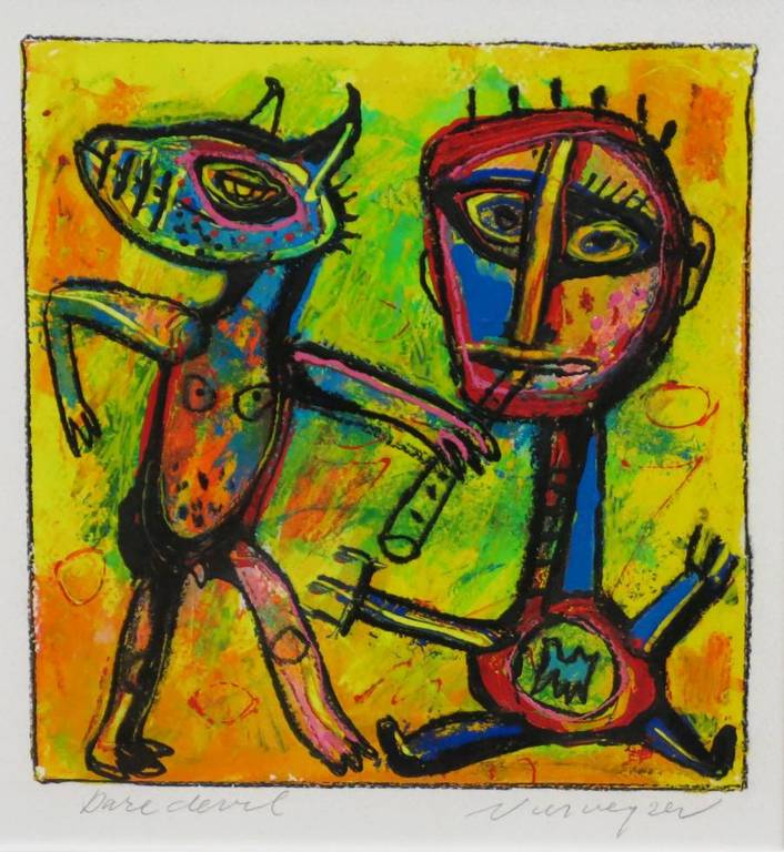 Henk Vierveijzer: Zeefdruk, Dare Devil - Ingelijst verkocht voor € 100!