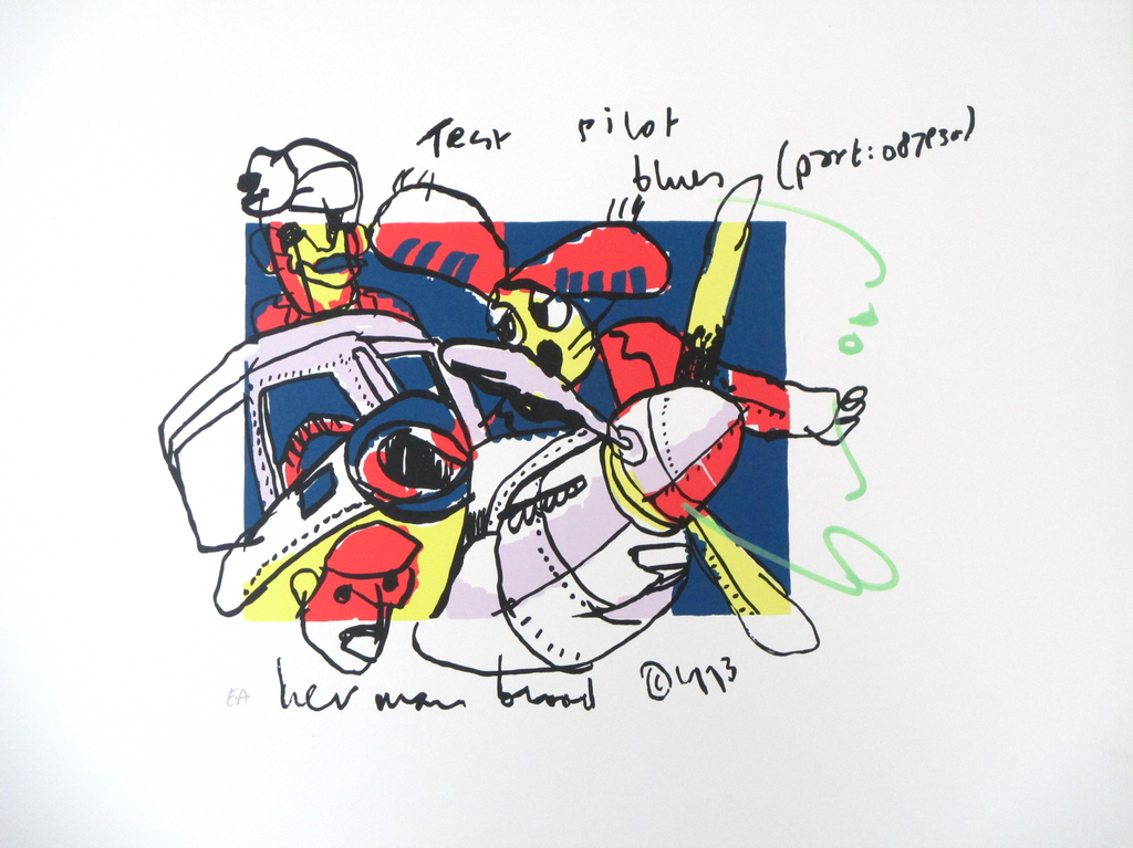 Herman Brood, TEST PILOT, handgesigneerde zeefdruk op dik papier verkocht voor € 56!